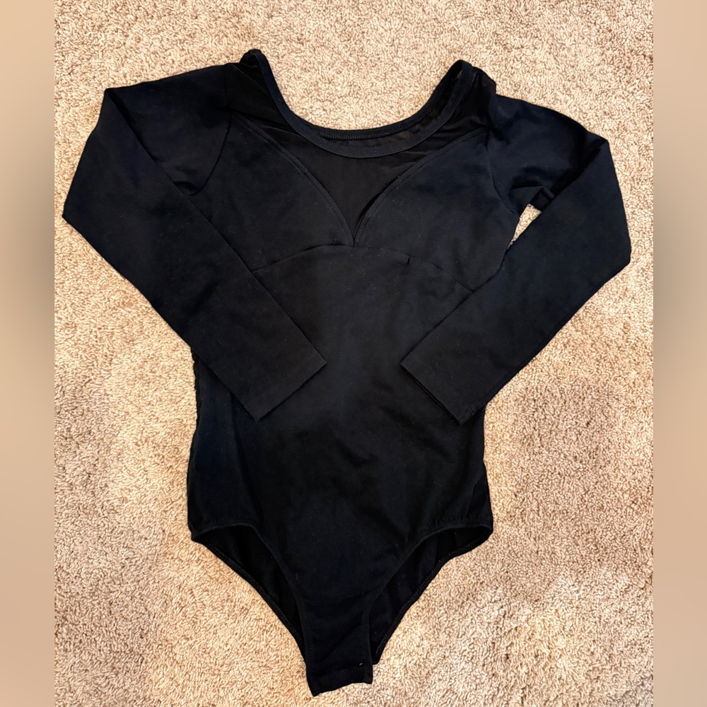 Girls Black Long Sleeve Ballet Leotard with Snap Bottom 150cm